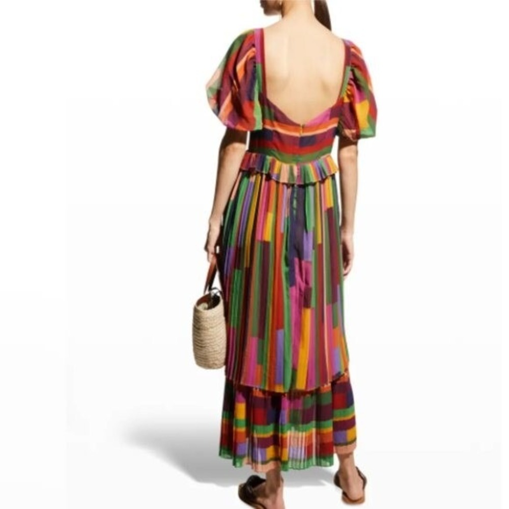 Farm Rio‎ Painted Stripes Blouson-Sleeve Pleated Dress - Size Small - Picture 3 of 5